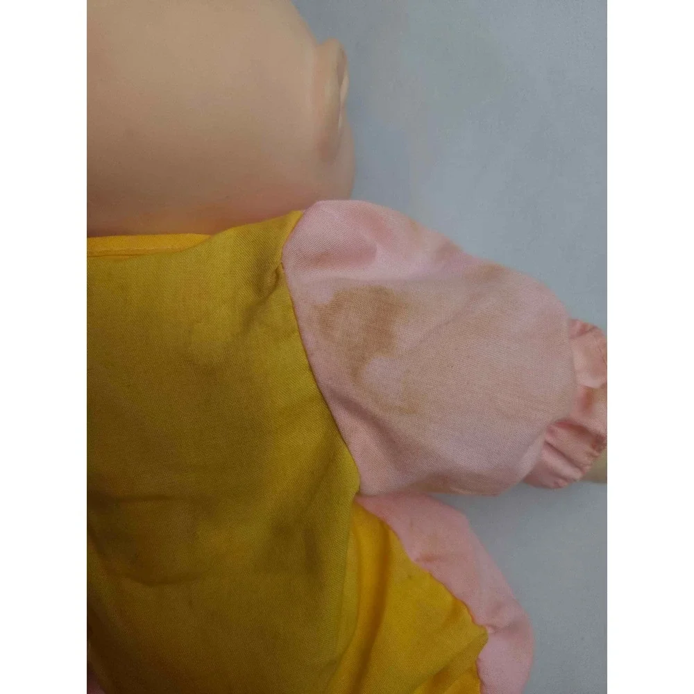 Vintage Soft Body Baby Doll Pink Yellow Clown Romper Vinyl Head Dimples